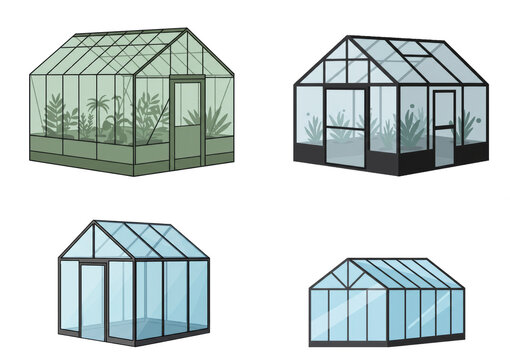 Minimalist greenhouse collection with glass panels against a stark white background