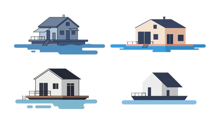 Minimalist floating houses collection graphic art concept on water isolated on white background