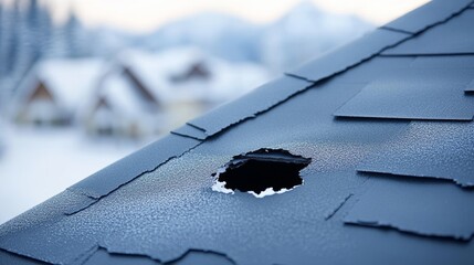 A vibrant blue sky serves as a stark contrast to the gray shingle roof, where a large hole exposes structural damage, highlighting the necessity for prompt repair