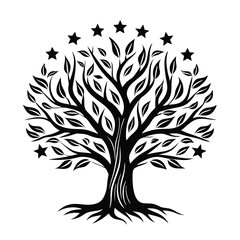 Obraz premium Black silhouette of tree with leaves and roots, adorned with stars, on white