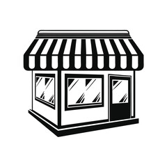 Black and White Storefront Icon, Striped Awning, Door and Windows, Isolated Silhouette