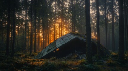 Silhouetted structure amidst a sunlit forest.