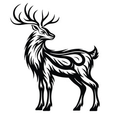 Majestic Stag Black Silhouette Elegant Deer with Antlers, Isolated White Background
