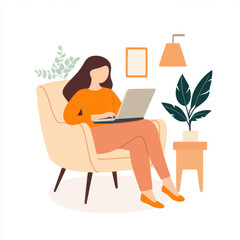 A woman types on her laptop, engaged in work, sitting comfortably in her bright living room. Cozy and productive atmosphere.