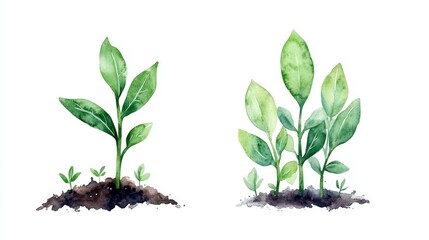 In a watercolor illustration, two young plants can be seen growing in brown soil