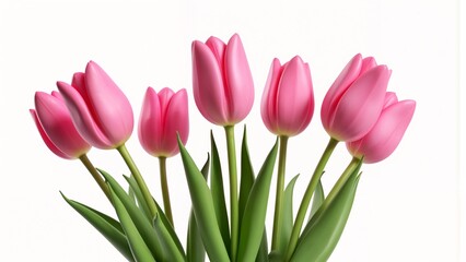 Fototapeta premium A bunch of pink tulips with green leaves in a vase.
