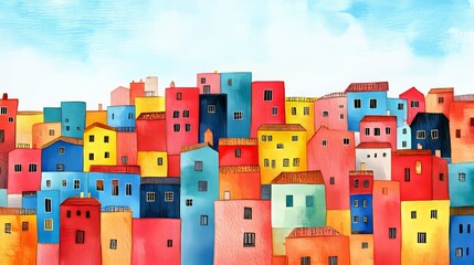 The watercolor cityscape showcases a whimsical assortment of colorful houses and distinctive architectural elements