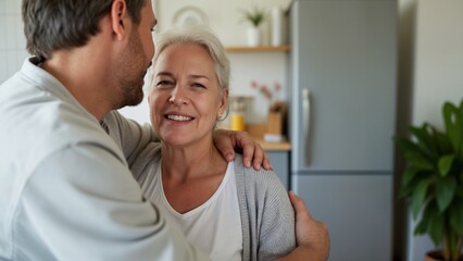 Fototapeta premium A man and a woman hugging each other in a kitchen.