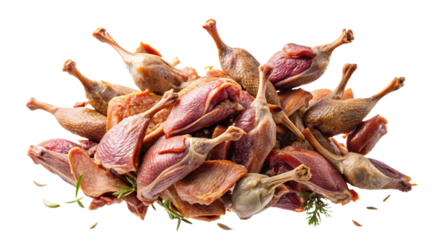 Pile of duck legs on a transparent background with rosemary garnish