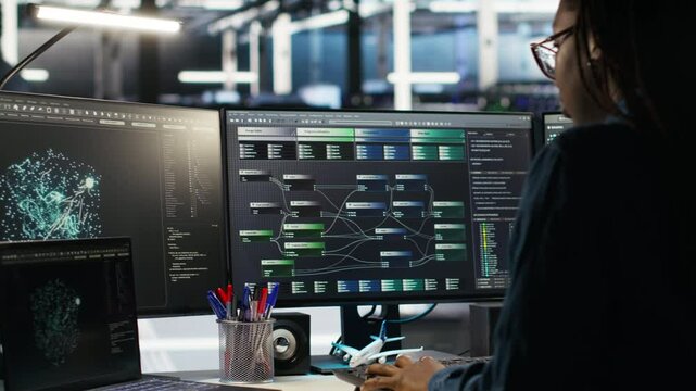Angry server farm engineer frustrated by node tree systems unable to categorize unstructured data. Mad data center worker punching desk, annoyed by bugged visual programming software, camera B