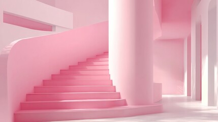 Obraz premium Pink modern architectural interior with curved staircase and soft lighting