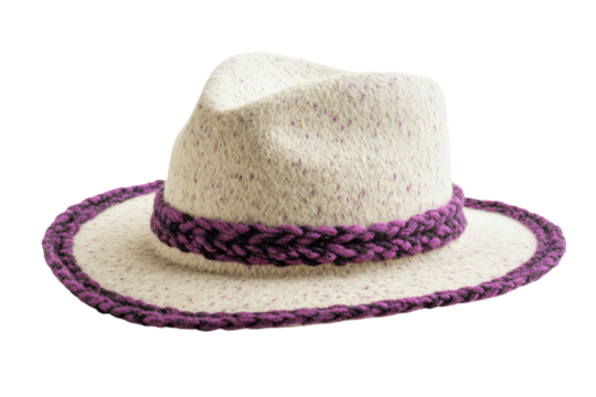 Elegant off white felt hat with purple braided band stylish wide brim unique design handcrafted look