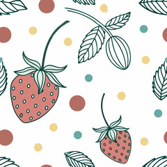 Seamless vector strawberry pattern with leaves and colorful dots