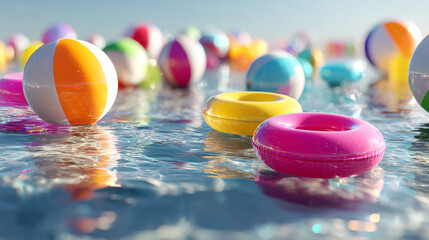 Colorful beach balls and float rings on a sunny ocean surface, summer vibes