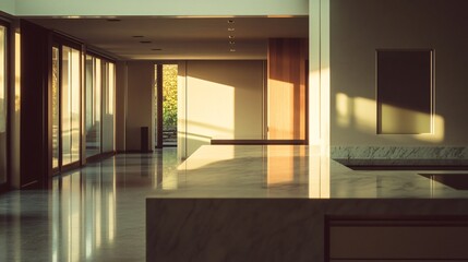 Modern empty home interior with sunlit spaces.