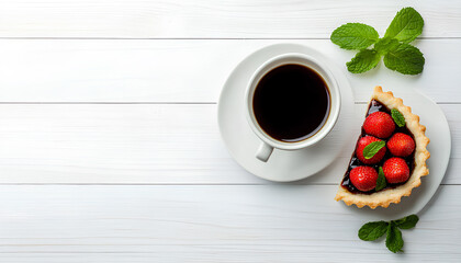 Piece of delicious strawberry tart with mint and coffee on white wooden table, flat lay. Space for text
