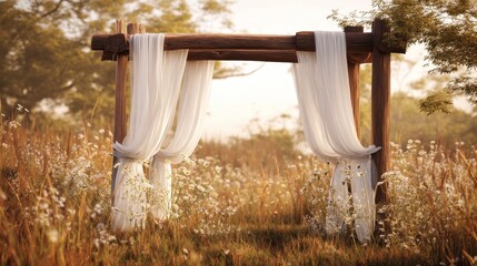 Wooden wedding arch with flowing white fabric in a sunlit meadow, romance theme