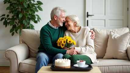 A man and woman sitting on a couch with a bouquet of flowers.