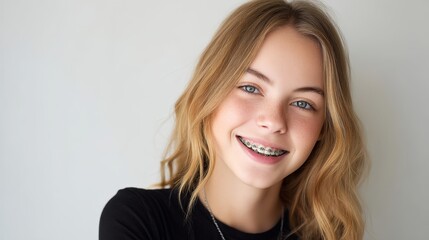 Fototapeta premium Smiling girl with clear orthodontic braces studio portrait bright close-up