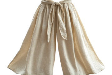 Elegant beige linen wide leg pants with a self tie waist relaxed flowy summer style