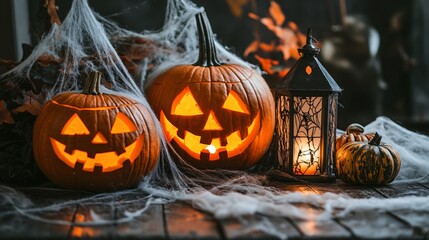Two carved pumpkins with a Halloween lantern.