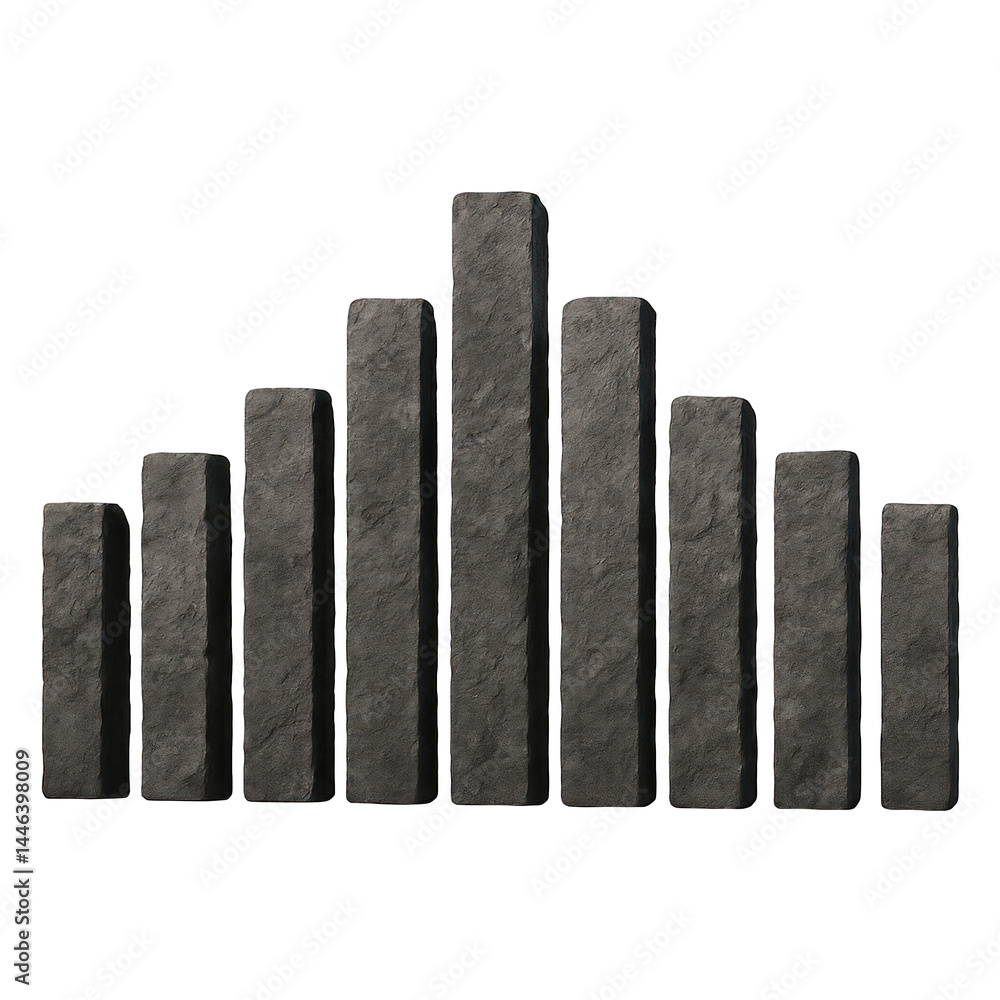 Poster textured stone-like bars of varying heights create a powerful visual pattern, suggesting growth or c