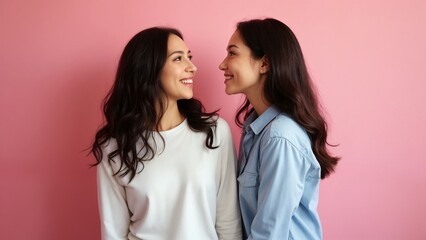 Two women standing next to each other in front of a pink wall.
