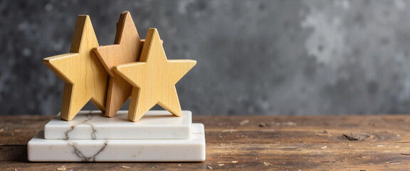 Wooden stars on display with empty copy space in the background  