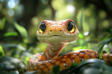 Fototapeta premium A vibrant orange snake with large eyes resting among lush green foliage in a sunlit forest