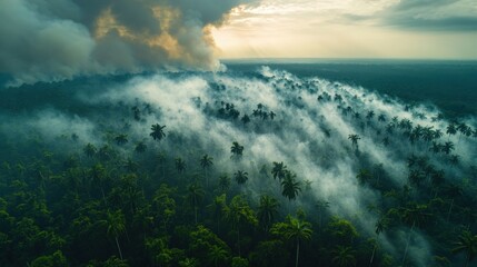 Naklejka premium Overhead panorama of dense tropical rainforest shrouded in mysterious mist