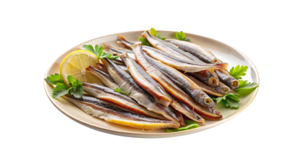 Fresh anchovies on a plate garnished with lemon wedges and parsley sprigs