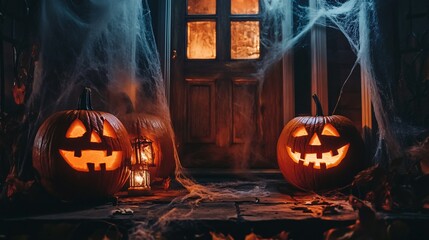Halloween porch display with carved pumpkins and cobwebs.