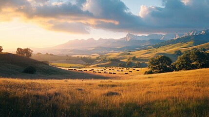Golden hour sunbeams over rolling hills and grazing cattle.