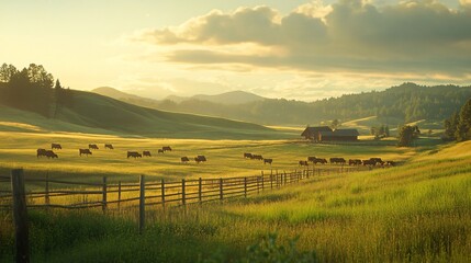 Scenic rural landscape at golden hour with cattle grazing.
