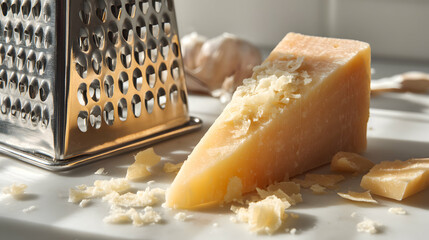 Parmesan Cheese with Grater Delicious Italian Cheese Grated Hard Cheese on White Surface Food Preparation and Culinary Delights