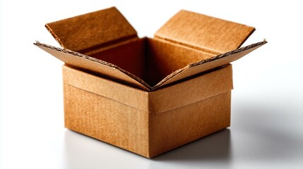 A plain cardboard box perfectly isolated on a white backdrop, ideal for packaging and shipping visuals.