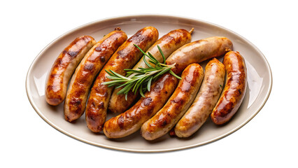 Delicious grilled sausages with fresh rosemary herbs served on a plate