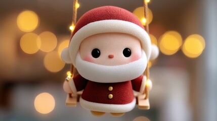 Delight in the whimsy of a Santa Claus toy on a swing, surrounded by soft holiday lightsperfect for Christmas cheer.
