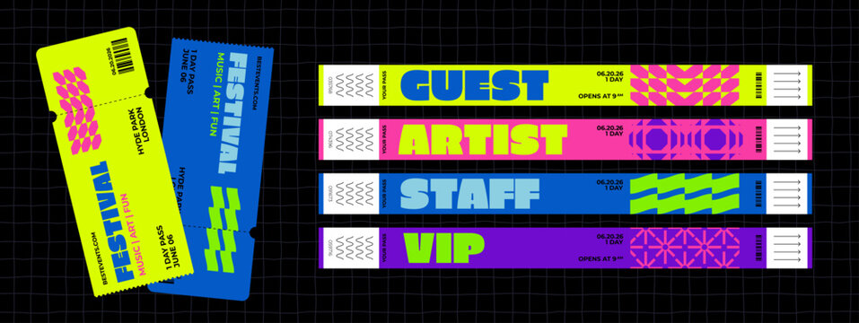 Festival Bracelet Tickets. Vector Concert, Party and Event Pass. Y2K Wristband Design. Music Festival Entrance Ticket Mockup