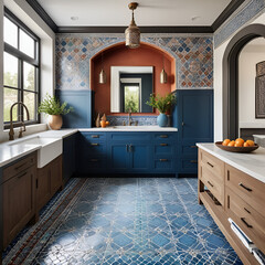 suburban farmhouse with a modern Moroccan style, including intricate tile work, rich textures, and a color scheme that combines earth tones with vibrant blues and reds