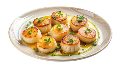 Perfectly seared scallops on a creamy plate, garnished with fresh parsley sprigs