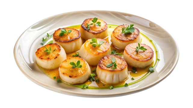 Perfectly seared scallops on a creamy plate, garnished with fresh parsley sprigs