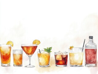 Simple clip art of different types of cocktails in various glasses, on a white background using watercolor and black ink outlines Generative AI