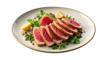 Delicious seared tuna slices with lemon wedges and fresh herbs on plate