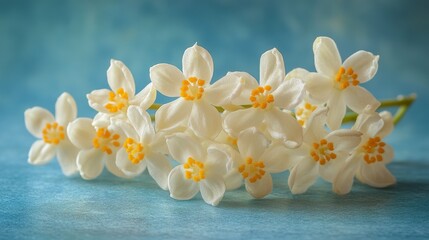 A delicate arrangement of white flowers is positioned on a blue textured surface