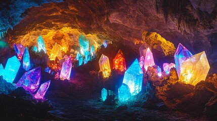 Colorful crystals illuminated within a cavernous space.