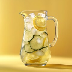 A yellow background provides the setting for a pitcher of lemonade, complete with ice cubes and lemon slices