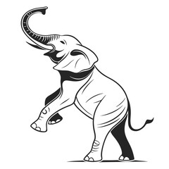 Stylized African Elephant Silhouette, Trunk Up, Standing on Hind Legs, Isolated Art