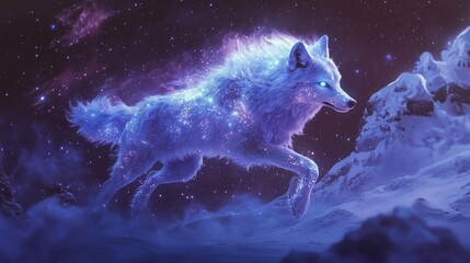 Glowing-eyed Mythical Wolf Running in Stardust Fur