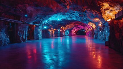 Vibrant subterranean cavern illuminated by colorful lights.
